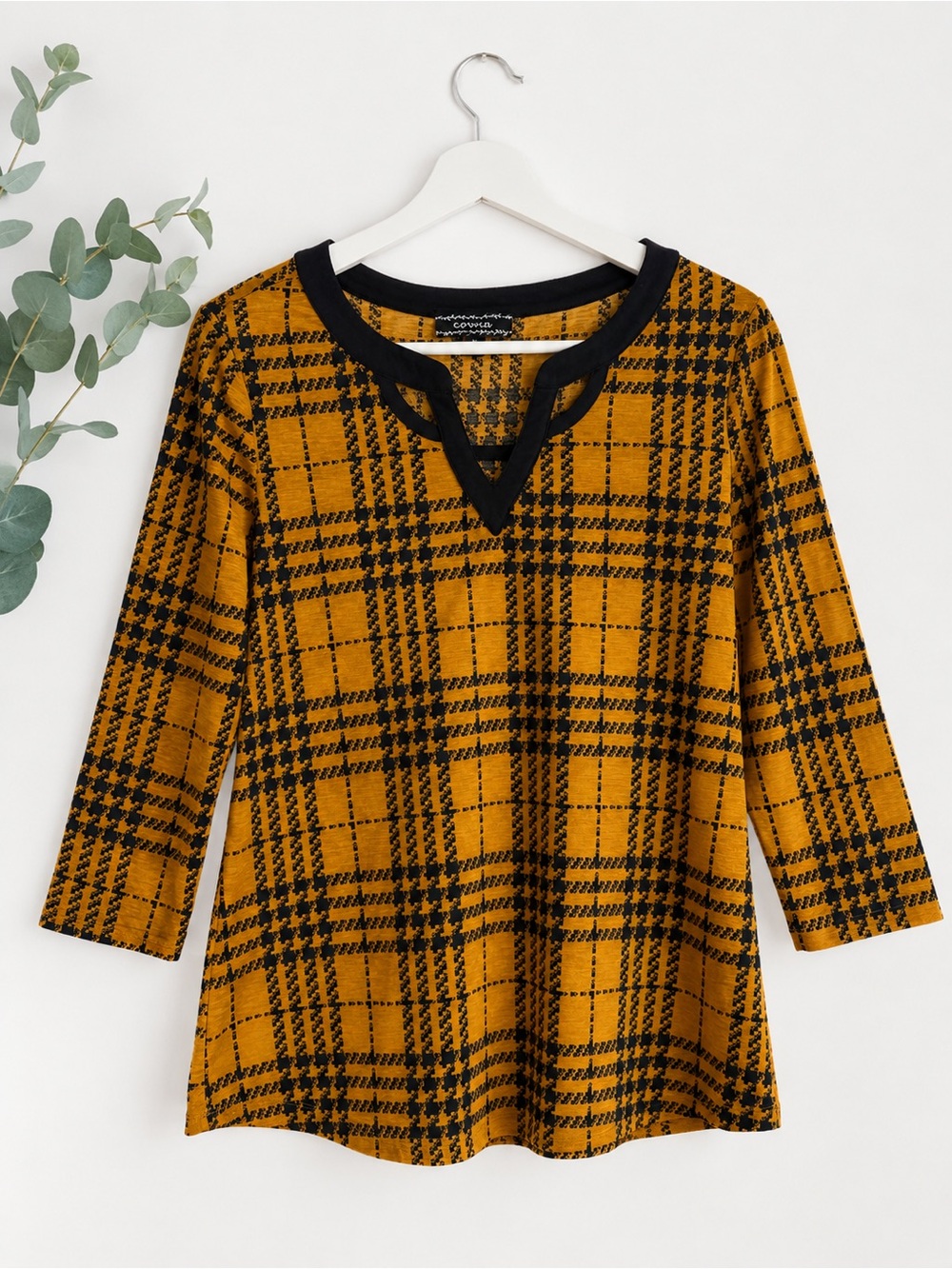 Corvia Mustard Yellow Black Plaid Keyhole V-Neck 3/4 Sleeve Top Size M